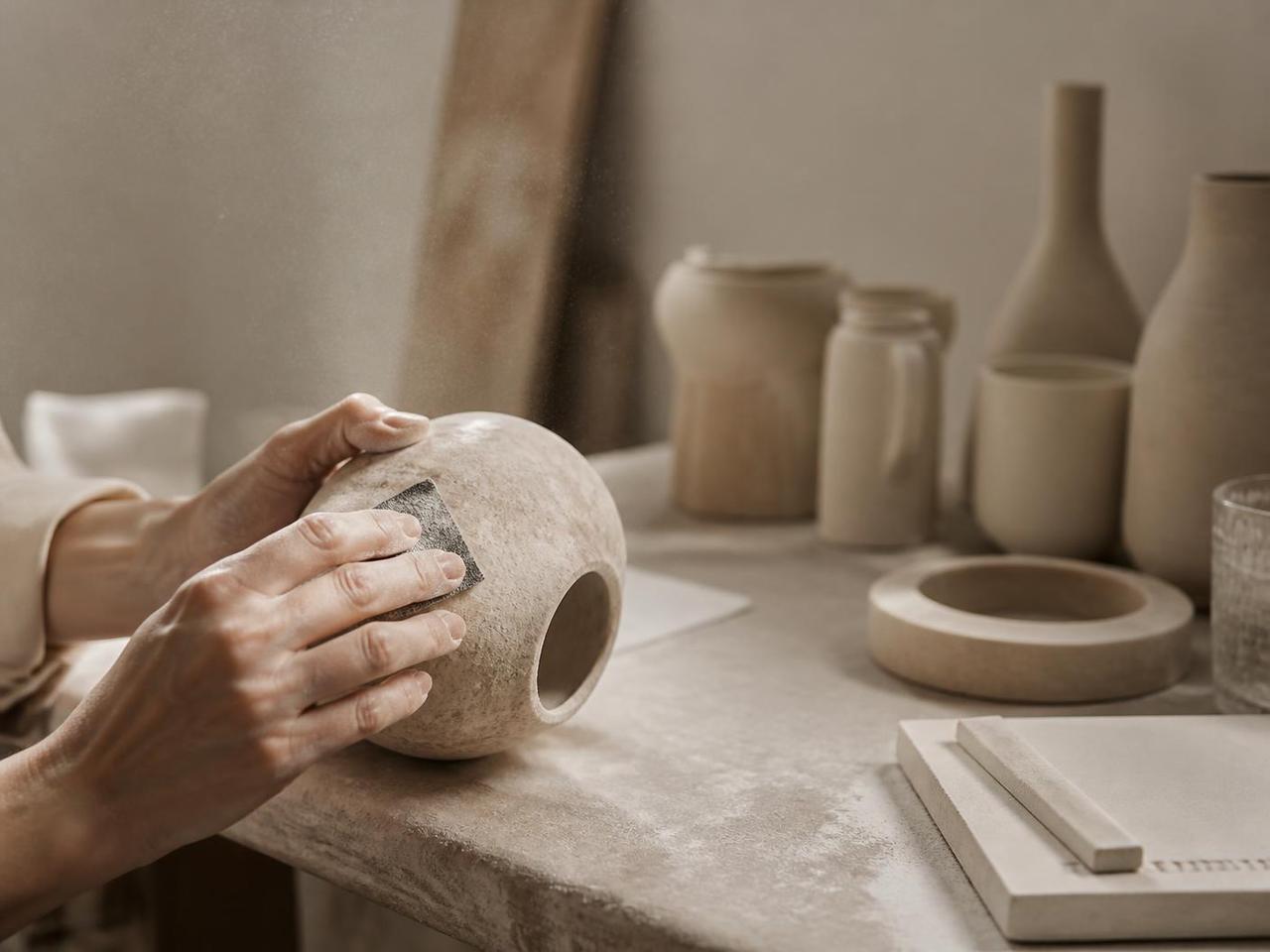 Hands sanding a cured jesmonite vessel in the Creative Studio
