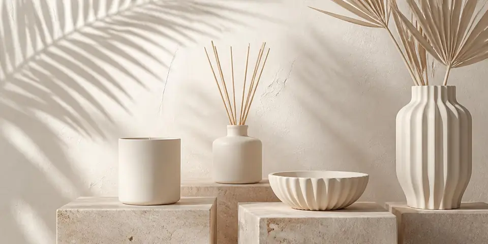 JOLISTY home fragrance objects on travertine plinths