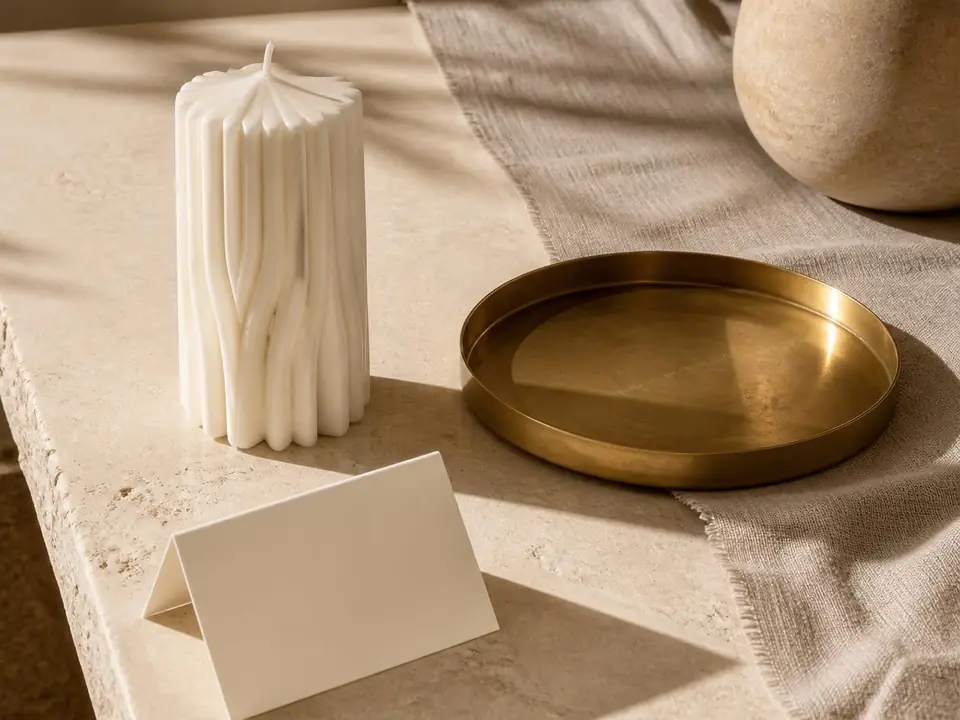 JOLISTY Creative Studio still life with travertine and candlelight