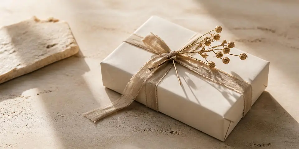 Hand-wrapped JOLISTY gift box in ivory paper with sand ribbon