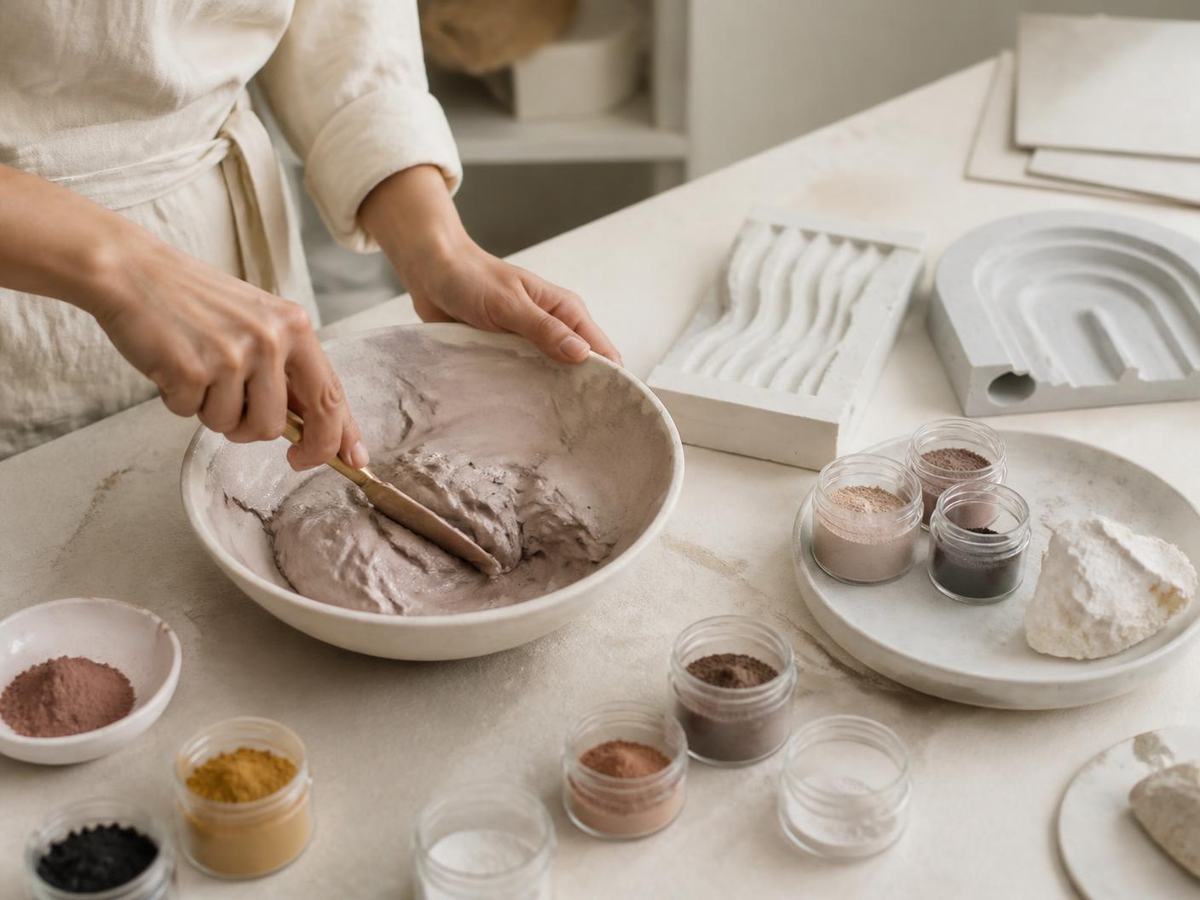 Artisan pouring jesmonite into a mould to cast a vessel