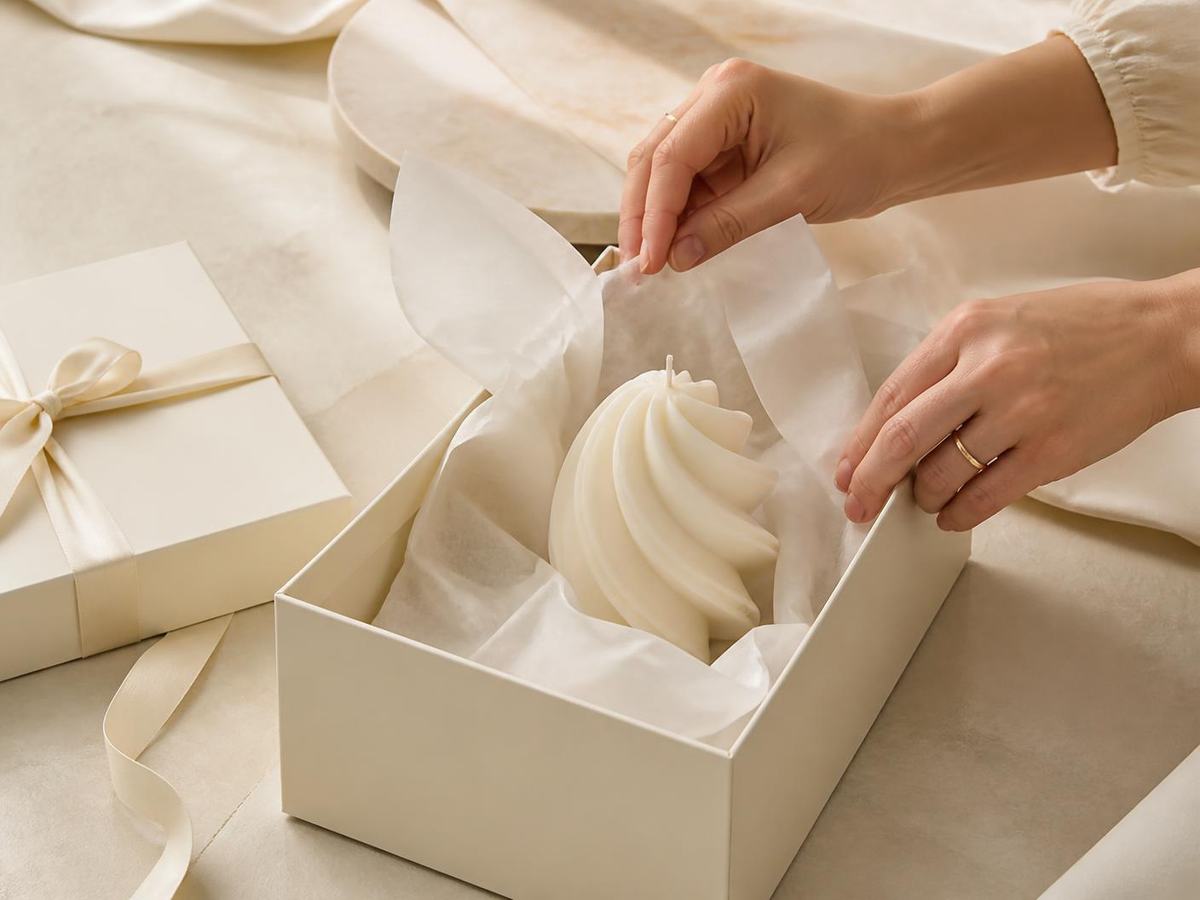 Artisan wrapping a sculptural candle by hand in the JOLISTY Creative Studio