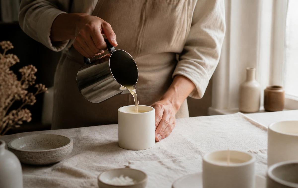 Artisan pouring natural wax into a ceramic candle vessel